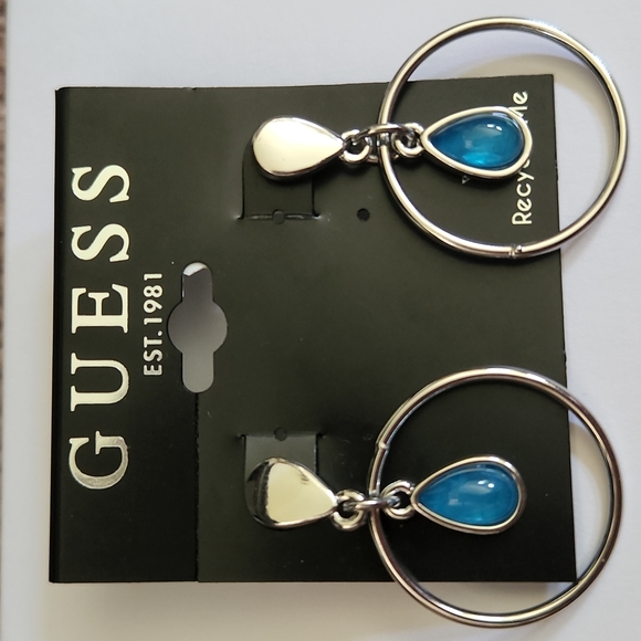 Guess Jewelry - GUESS Silver and Blue Pendant Hoop Earrings